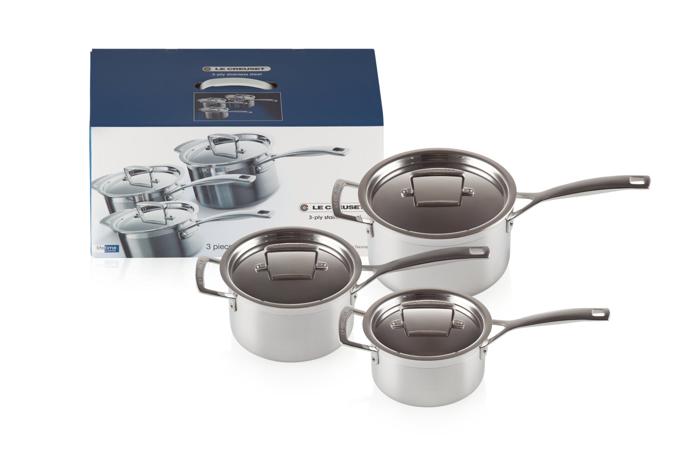 Batteria 3 Casseruole con coperchio liscio e manico lungo