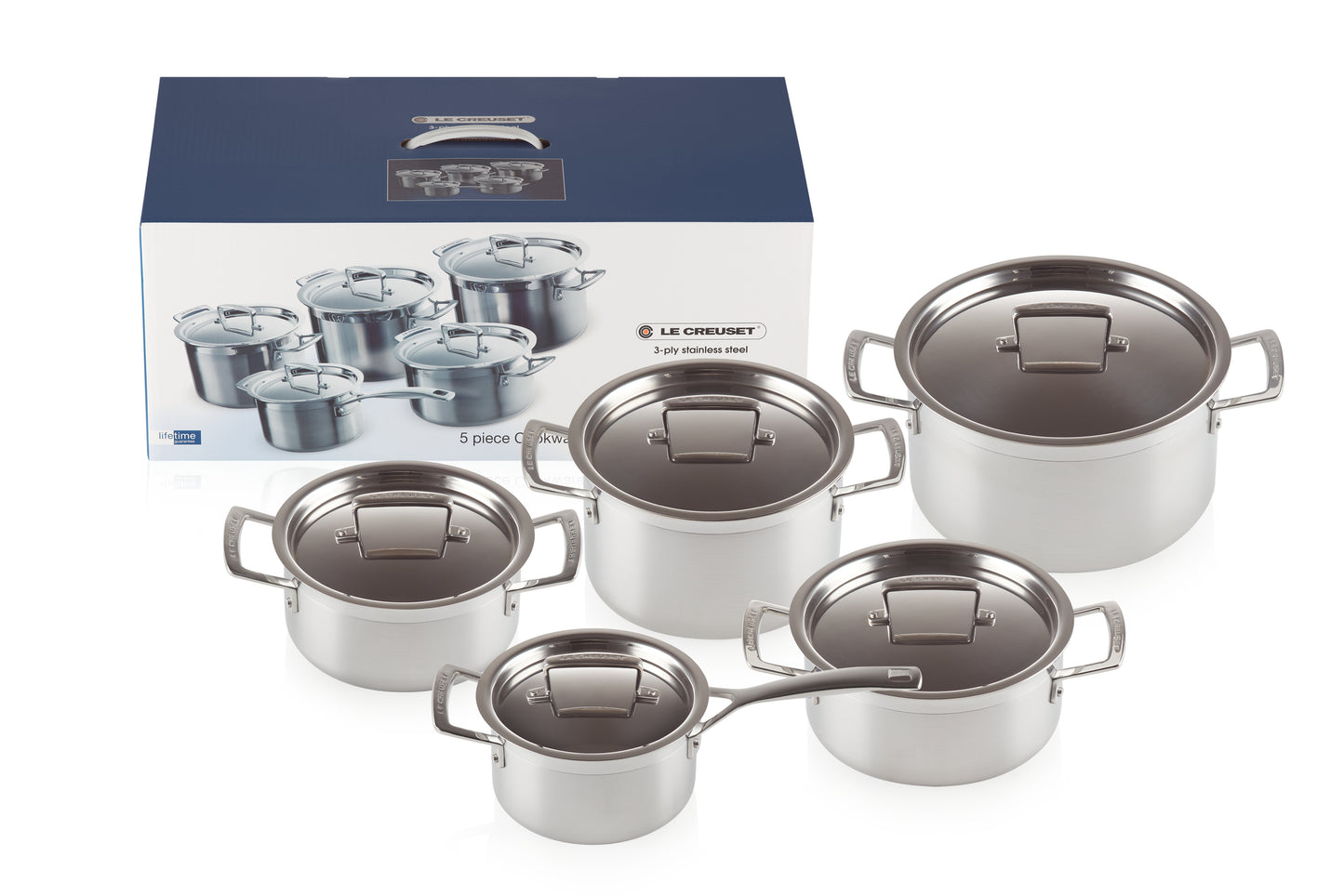 Batteria 5 Casseruole con coperchio liscio e manico lungo